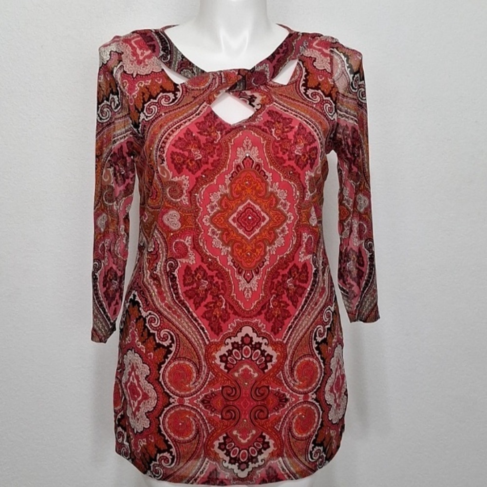INC International Bohemian Paisley Sheer Sleeve Rhinestone 70’s Inspired Top XL